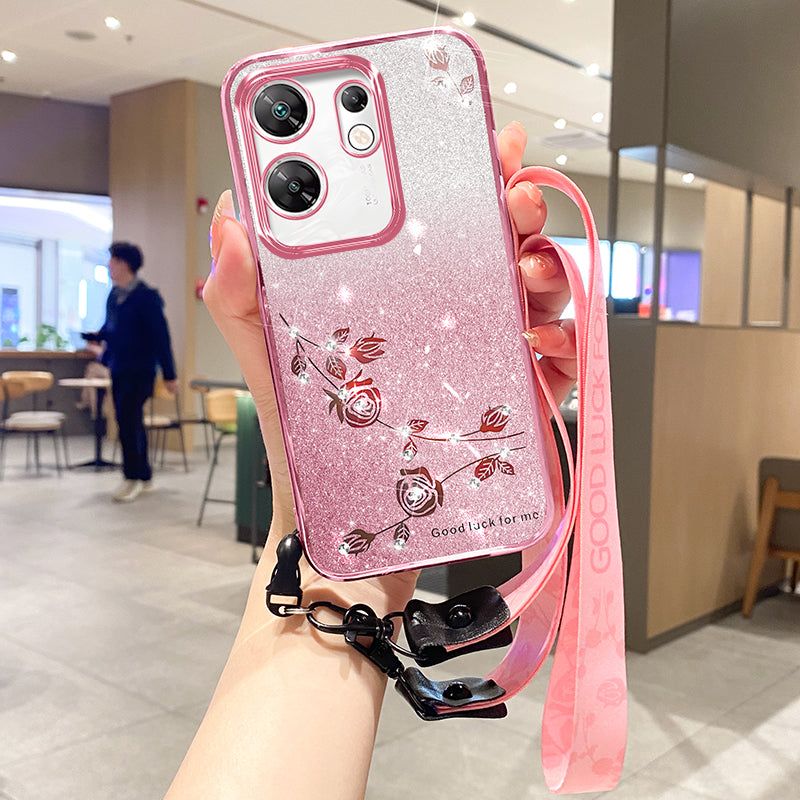 KADEM For Transsion Infinix Zero 30 4G Case with Lanyard Rhinestone Flower Glitter TPU Cover