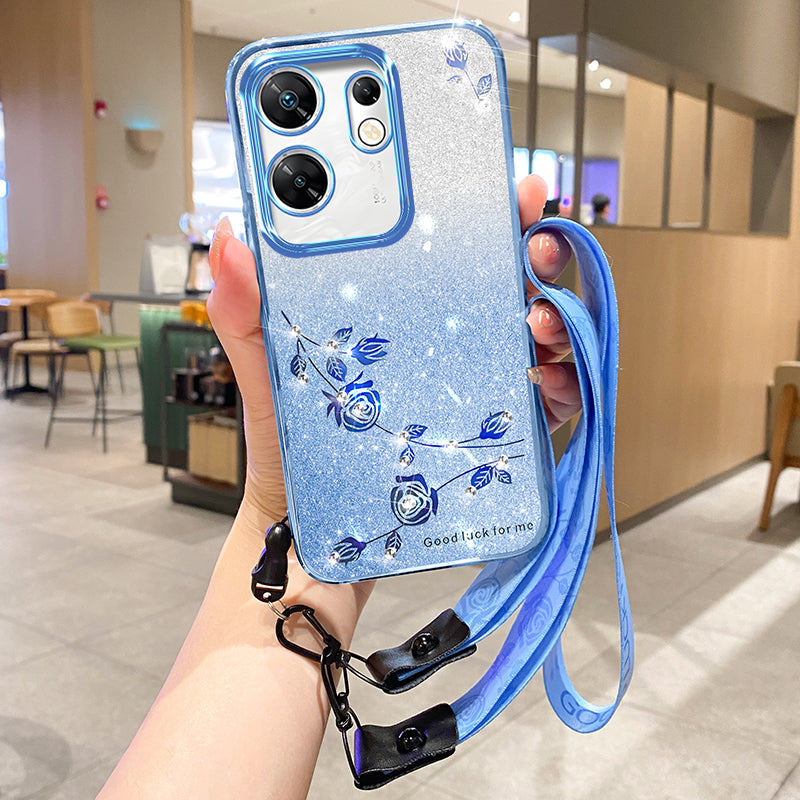 KADEM For Transsion Infinix Zero 30 4G Case with Lanyard Rhinestone Flower Glitter TPU Cover