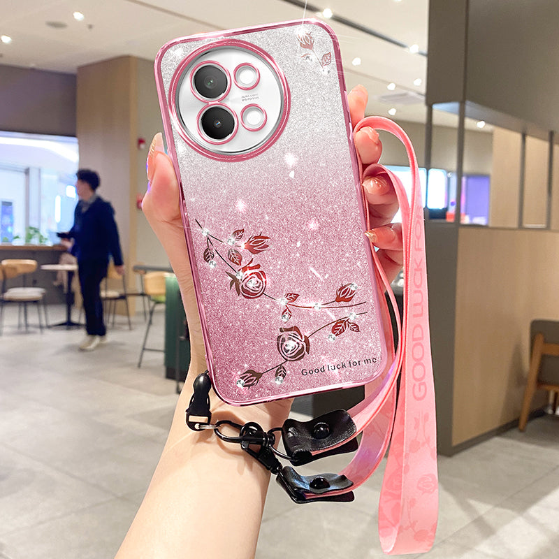 KADEM For vivo S18e 5G Case Flower TPU Cover with Lanyard Rhinestone Decor