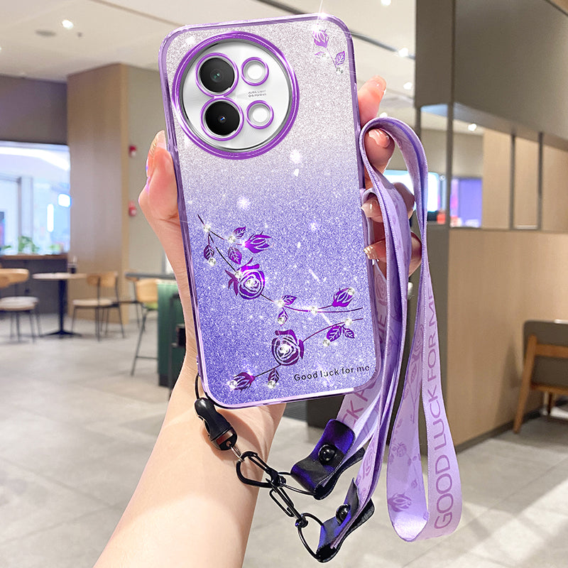 KADEM For vivo S18e 5G Case Flower TPU Cover with Lanyard Rhinestone Decor