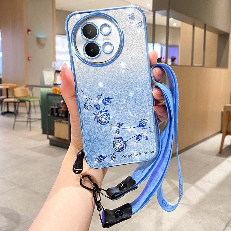 KADEM For vivo S18e 5G Case Flower TPU Cover with Lanyard Rhinestone Decor