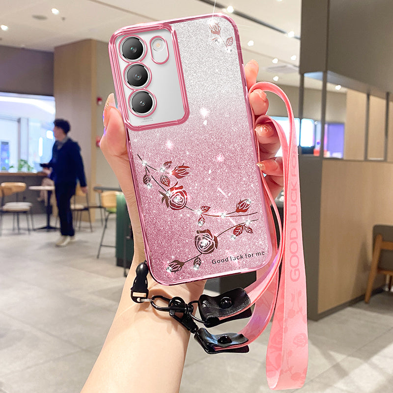KADEM Flower Phone Cover for vivo V30 Lite 5G TPU Case with Lanyard Rhinestone Decor