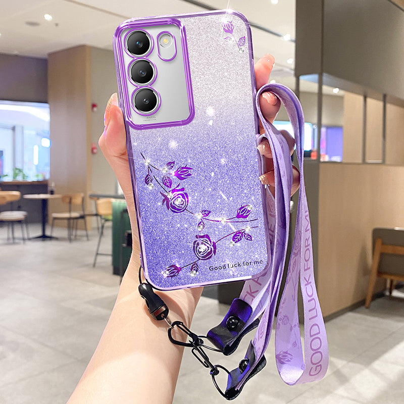 KADEM Flower Phone Cover for vivo V30 Lite 5G TPU Case with Lanyard Rhinestone Decor