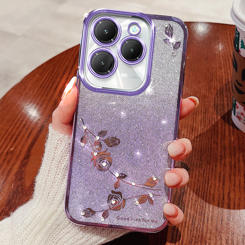 KADEM For Transsion Infinix Hot 40 / Hot 40 Pro Glitter Flower Case TPU Phone Cover with Rhinestone Decor