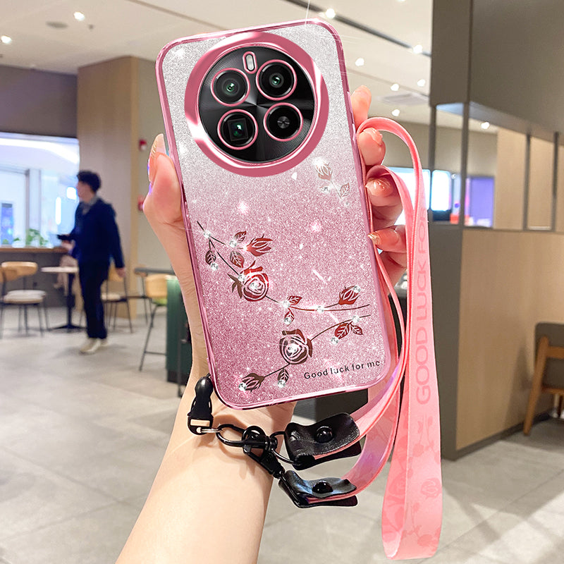 KADEM For Realme GT5 Pro 5G Case with Lanyard Glitter Flower Rhinestone TPU Cover