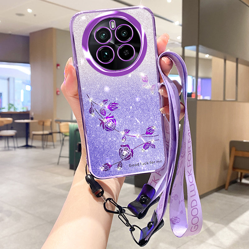 KADEM For Realme GT5 Pro 5G Case with Lanyard Glitter Flower Rhinestone TPU Cover