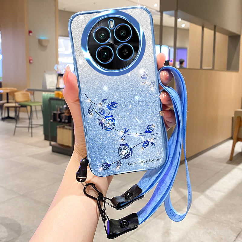 KADEM For Realme GT5 Pro 5G Case with Lanyard Glitter Flower Rhinestone TPU Cover