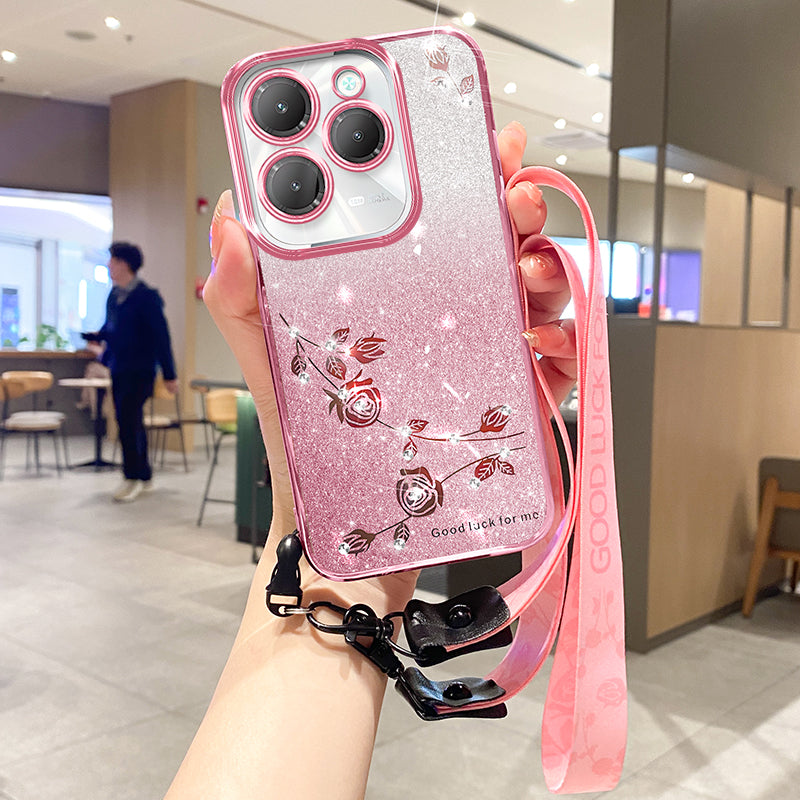 KADEM For Transsion Infinix Hot 40 / Hot 40 Pro Phone Case Flower Glitter TPU Cover with Lanyard