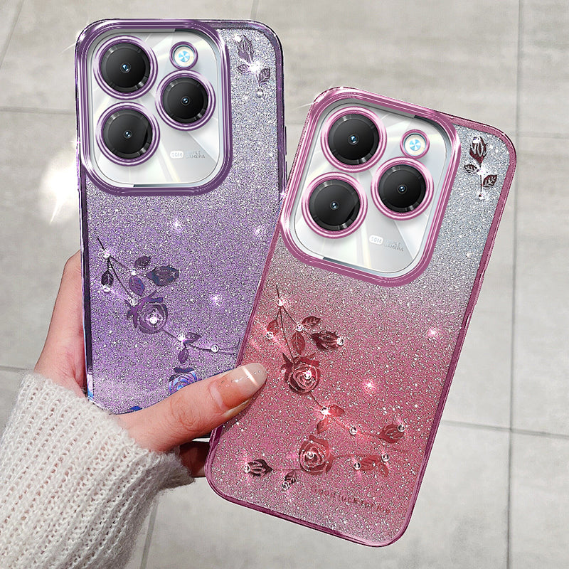 KADEM For Transsion Infinix Hot 40 / Hot 40 Pro Phone Case Flower Glitter TPU Cover with Lanyard