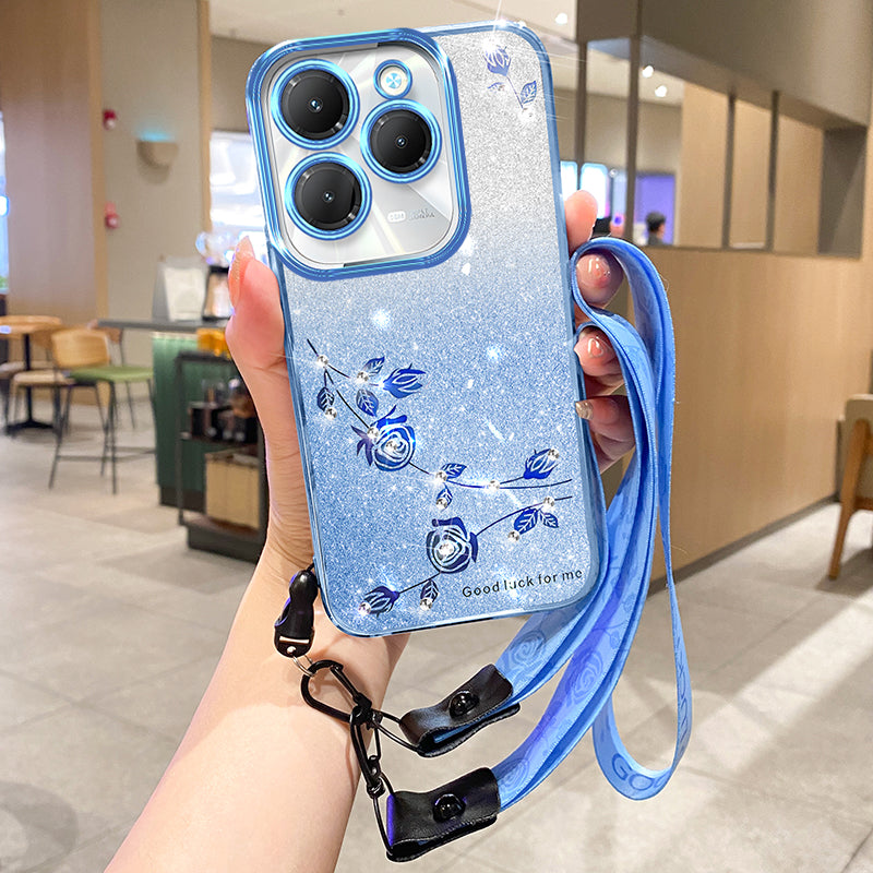 KADEM For Transsion Infinix Hot 40 / Hot 40 Pro Phone Case Flower Glitter TPU Cover with Lanyard