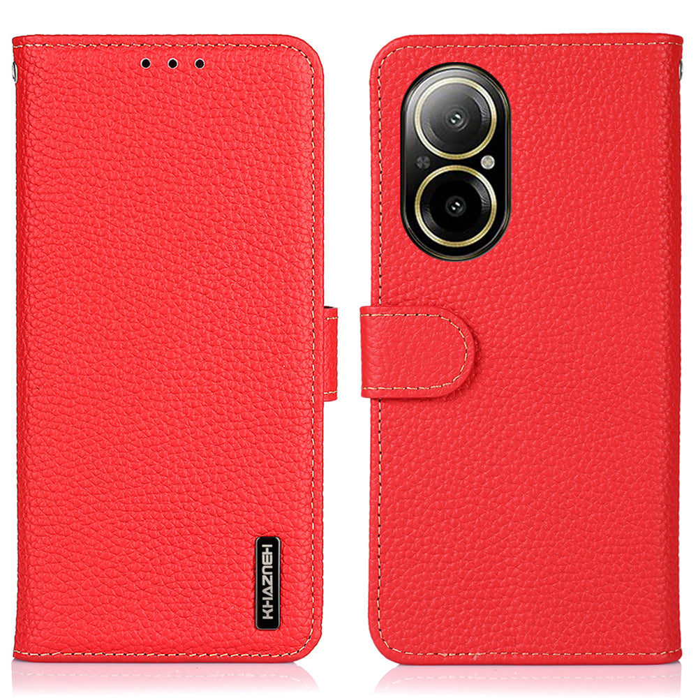 KHAZNEH For Realme C67 4G Case Genuine Cow Leathe+TPU Phone Wallet Cover with Litchi Texture