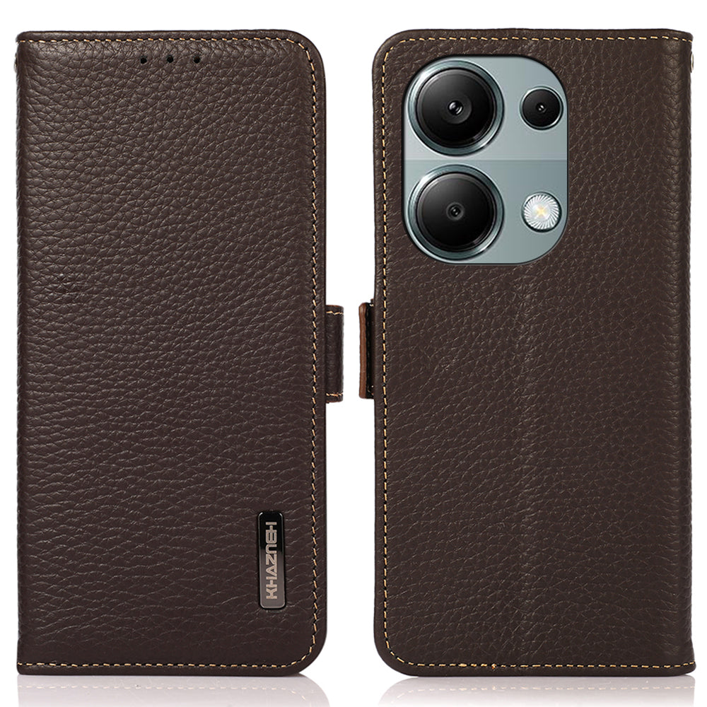 KHAZNEH For Xiaomi Redmi Note 13 Pro 4G / Poco M6 Pro 4G Wallet Case RFID Blocking Genuine Cow Leather Phone Cover