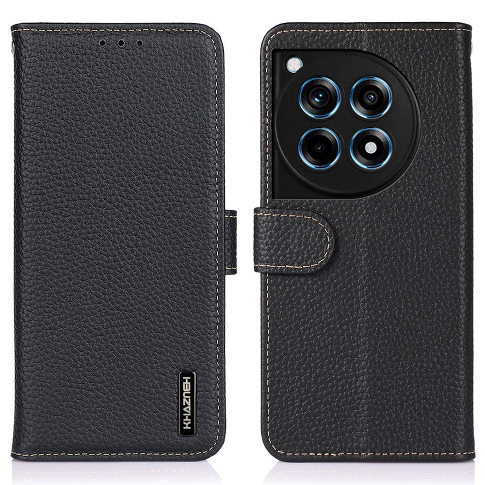 KHAZNEH For OnePlus Ace 3 5G / 12R 5G Case Folio Genuine Cow Leather Litchi Texture Phone Cover