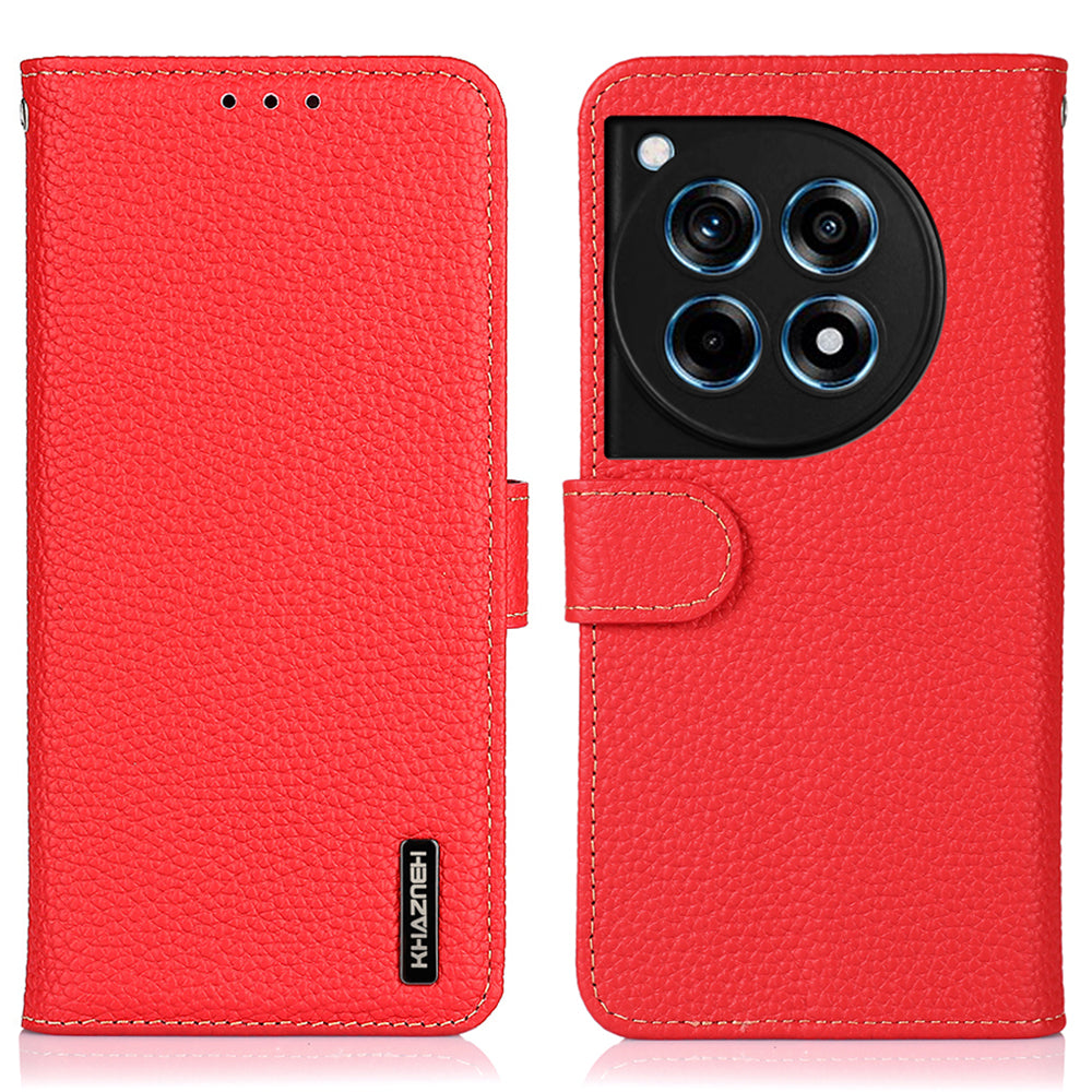 KHAZNEH For OnePlus Ace 3 5G / 12R 5G Case Folio Genuine Cow Leather Litchi Texture Phone Cover