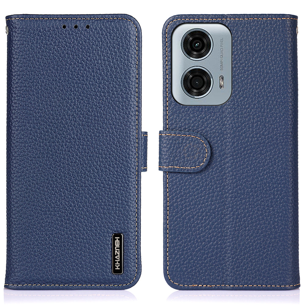 KHAZNEH For Motorola Moto G04 4G / G24 4G Case Viewing Stand Genuine Cow Leather Phone Cover