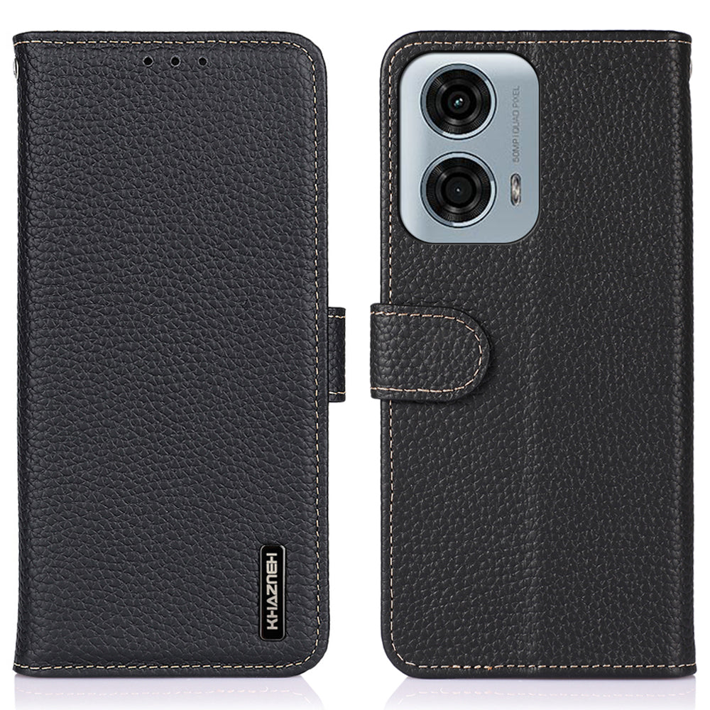KHAZNEH For Motorola Moto G04 4G / G24 4G Case Viewing Stand Genuine Cow Leather Phone Cover