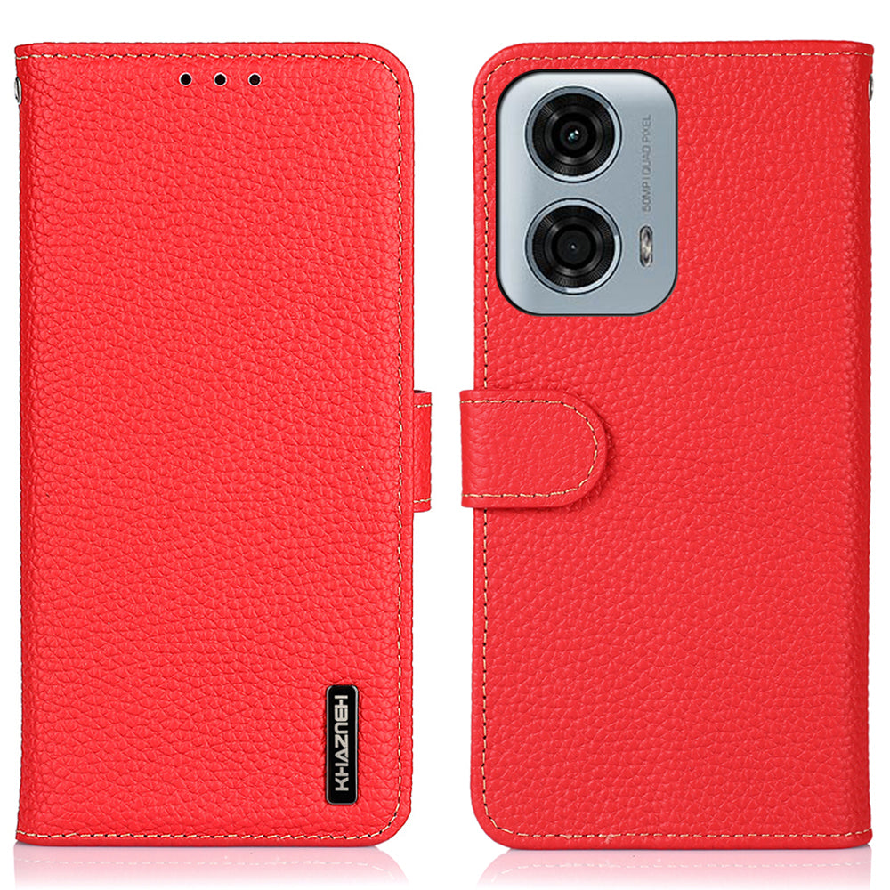 KHAZNEH For Motorola Moto G04 4G / G24 4G Case Viewing Stand Genuine Cow Leather Phone Cover
