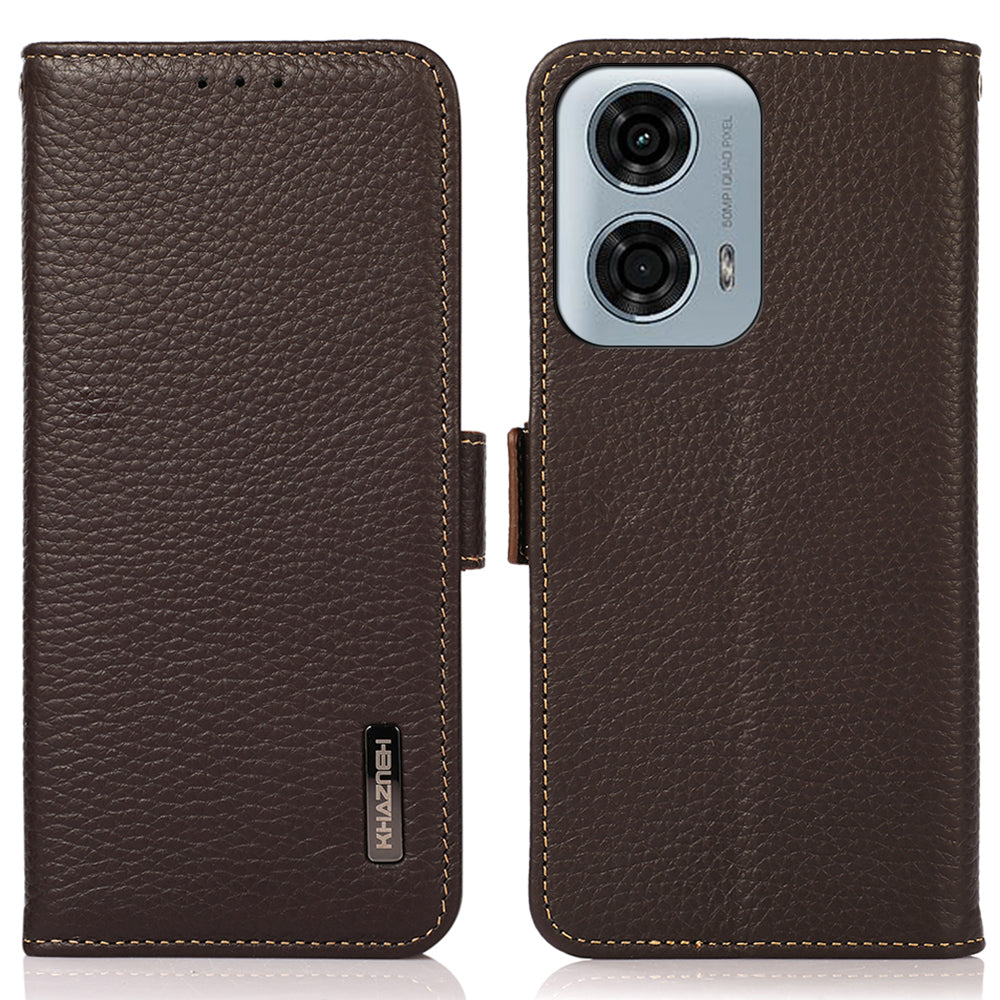 KHAZNEH For Motorola Moto G04 4G / G24 4G Case with RFID Blocking Genuine Cow Leather Phone Cover