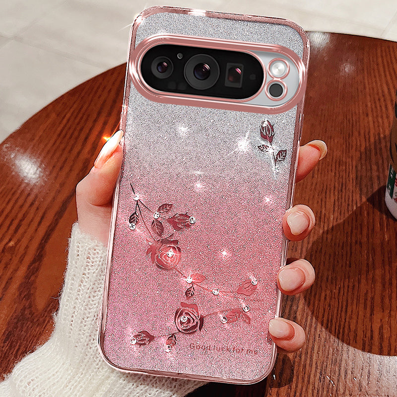 KADEM For Google Pixel 9 Pro Flower Design Glitter Mobile Phone Case TPU Cover