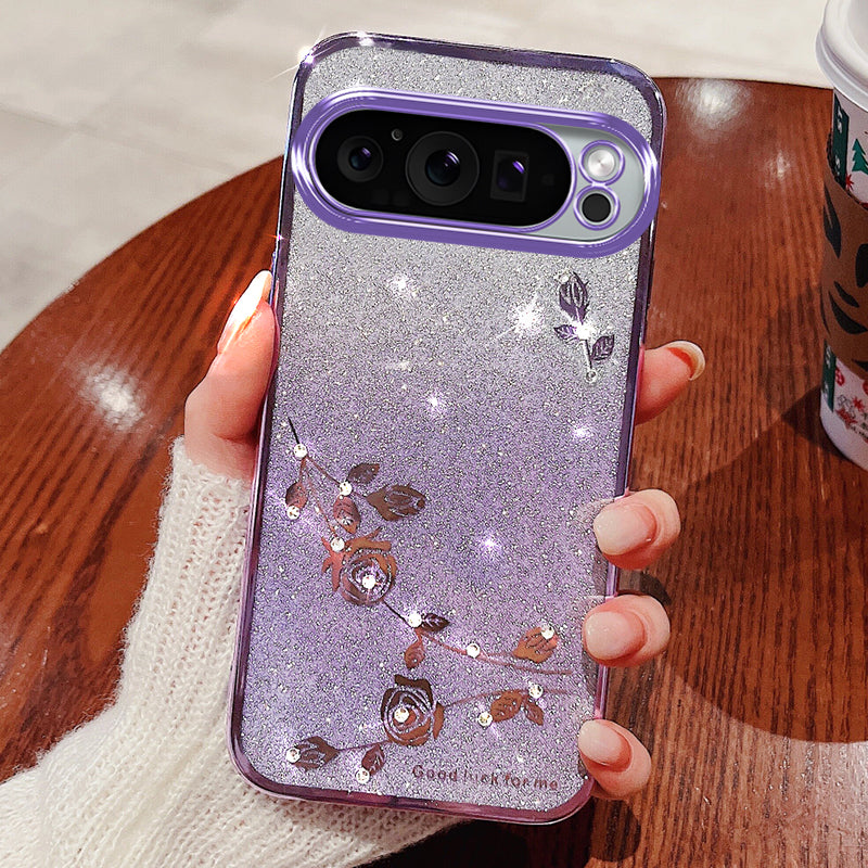 KADEM For Google Pixel 9 Pro Flower Design Glitter Mobile Phone Case TPU Cover