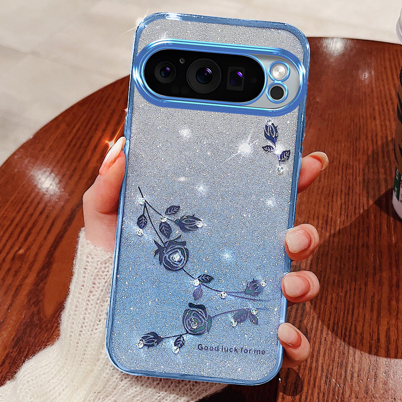 KADEM For Google Pixel 9 Pro Flower Design Glitter Mobile Phone Case TPU Cover