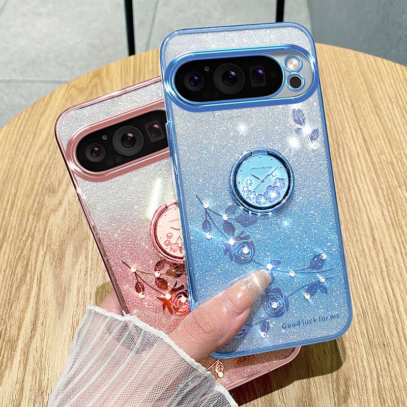 KADEM For Google Pixel 9 Pro Cell Phone Case Ring Kickstand Glitter Shockproof TPU Cover