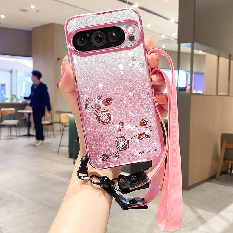 KADEM For Google Pixel 9 Glitter Phone Case Flower Pattern Gradient TPU Cover with Lanyard
