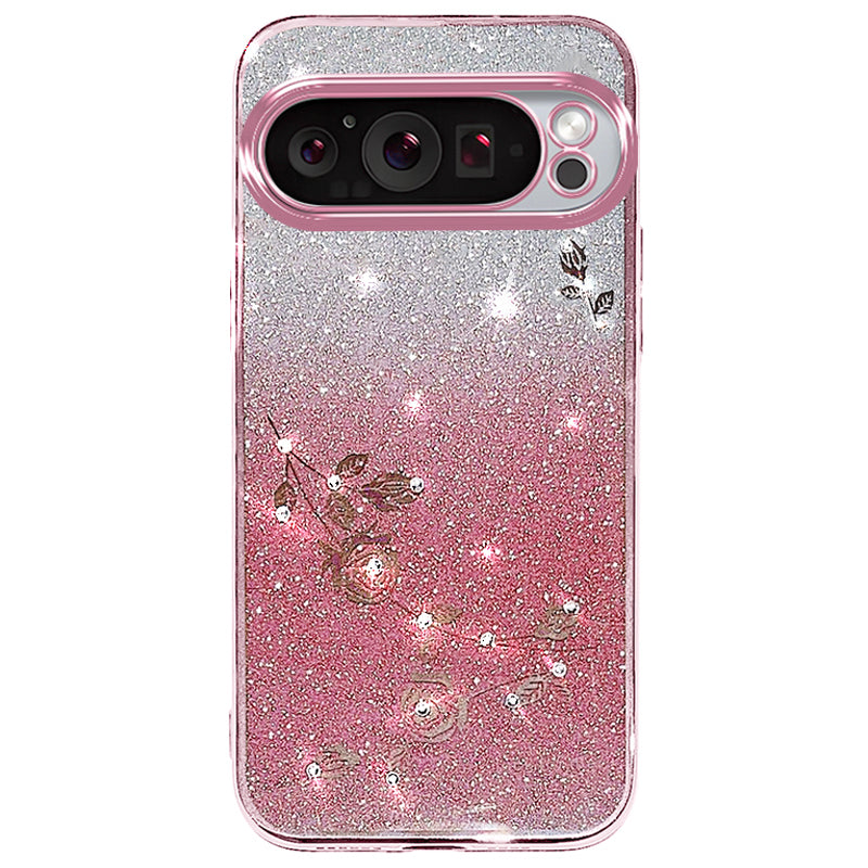 KADEM For Google Pixel 9 Glitter Phone Case Flower Pattern Gradient TPU Cover with Lanyard