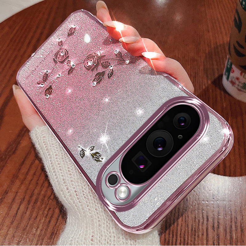 KADEM For Google Pixel 9 Glitter Phone Case Flower Pattern Gradient TPU Cover with Lanyard