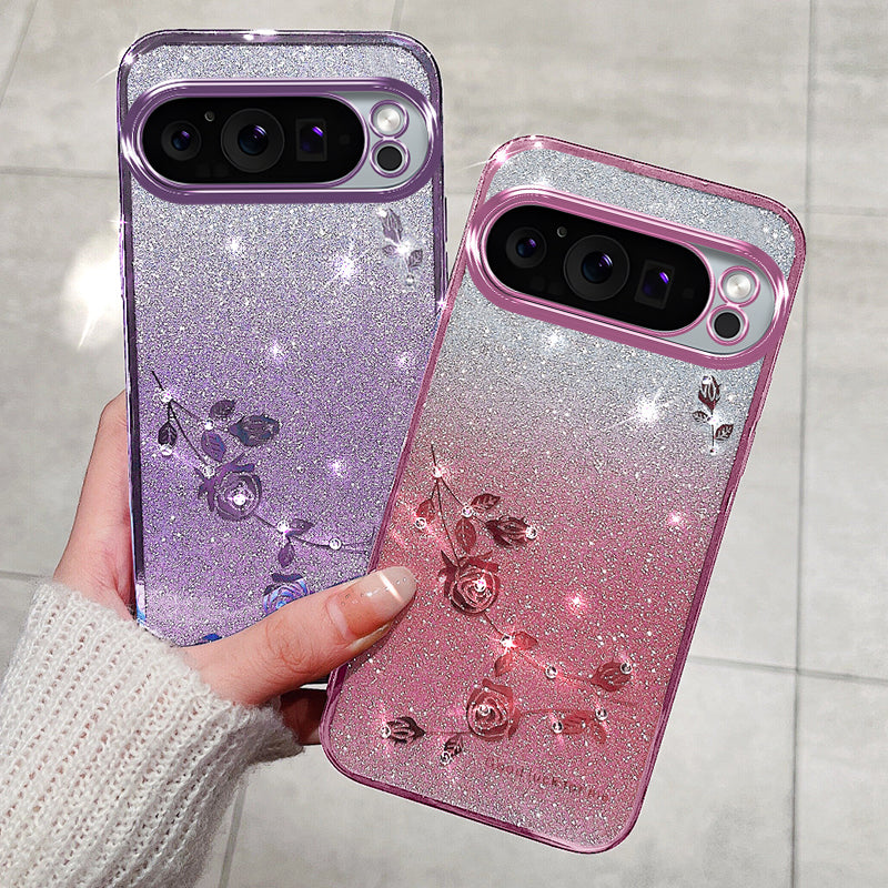 KADEM For Google Pixel 9 Glitter Phone Case Flower Pattern Gradient TPU Cover with Lanyard