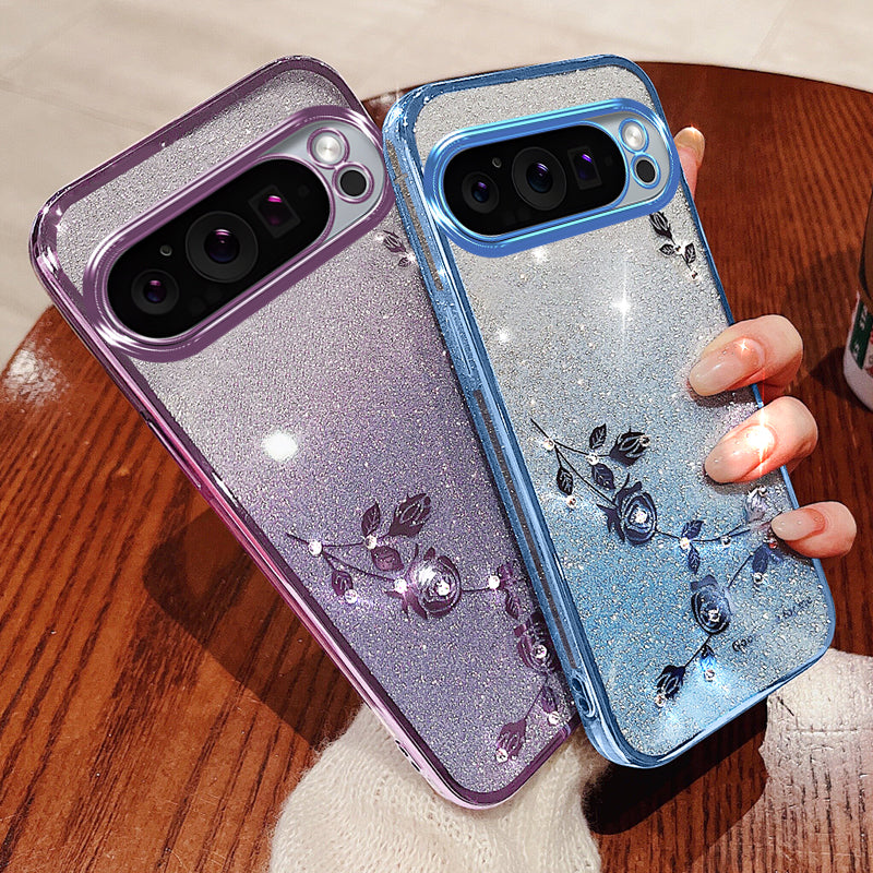 KADEM For Google Pixel 9 Glitter Phone Case Flower Pattern Gradient TPU Cover with Lanyard