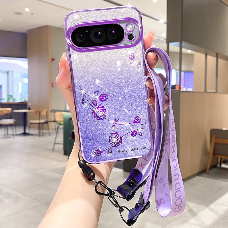 KADEM For Google Pixel 9 Glitter Phone Case Flower Pattern Gradient TPU Cover with Lanyard