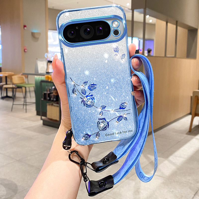 KADEM For Google Pixel 9 Glitter Phone Case Flower Pattern Gradient TPU Cover with Lanyard