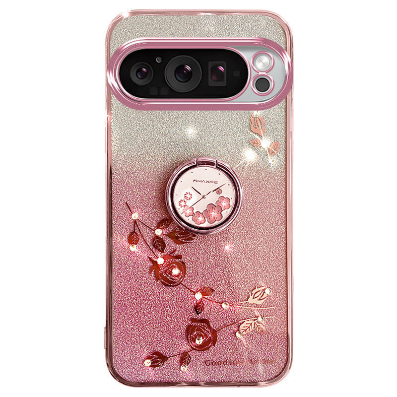 KADEM For Google Pixel 9 Case Ring Kickstand Rhinestone Flower TPU Anti-scratch Phone Cover