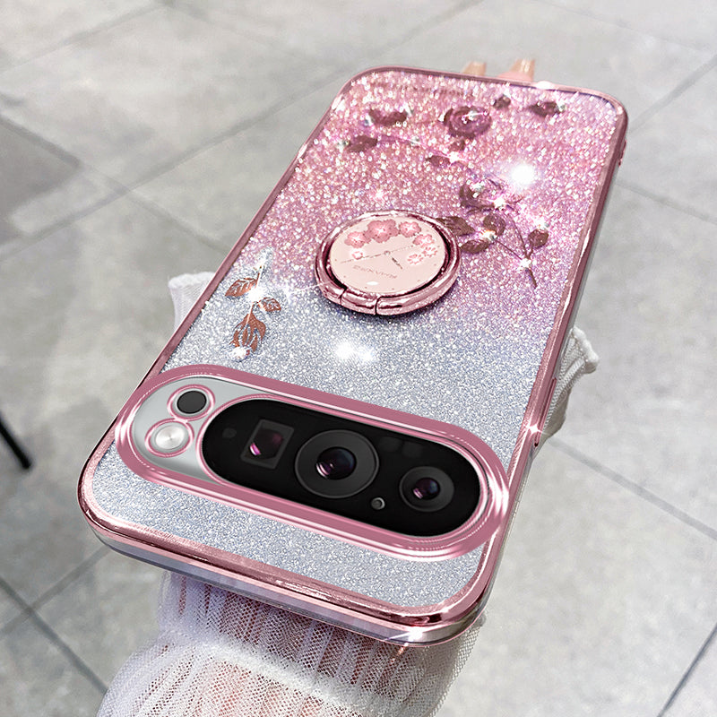 KADEM For Google Pixel 9 Case Ring Kickstand Rhinestone Flower TPU Anti-scratch Phone Cover