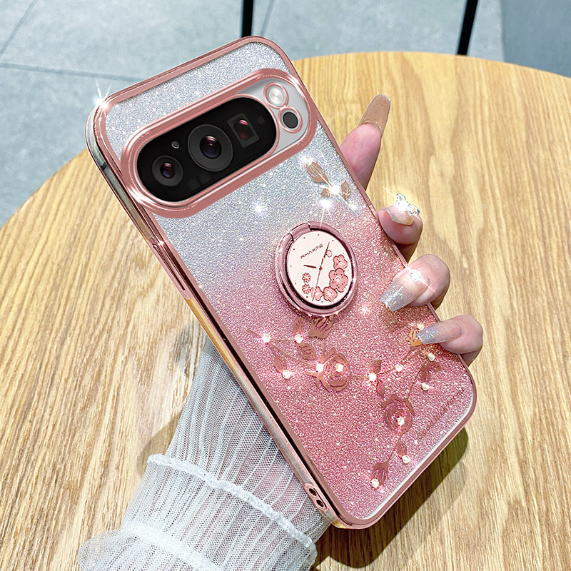 KADEM For Google Pixel 9 Case Ring Kickstand Rhinestone Flower TPU Anti-scratch Phone Cover