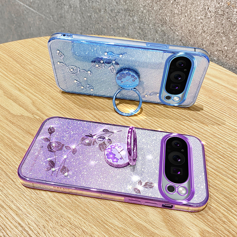 KADEM For Google Pixel 9 Case Ring Kickstand Rhinestone Flower TPU Anti-scratch Phone Cover