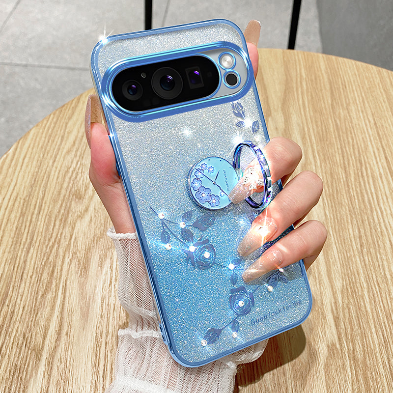 KADEM For Google Pixel 9 Case Ring Kickstand Rhinestone Flower TPU Anti-scratch Phone Cover