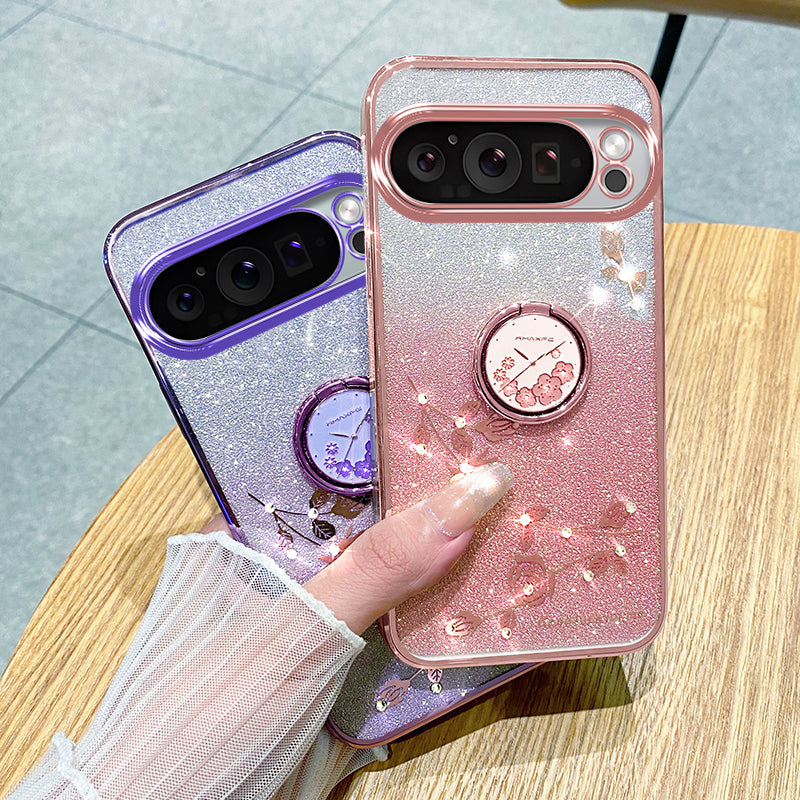 KADEM For Google Pixel 9 Case Ring Kickstand Rhinestone Flower TPU Anti-scratch Phone Cover