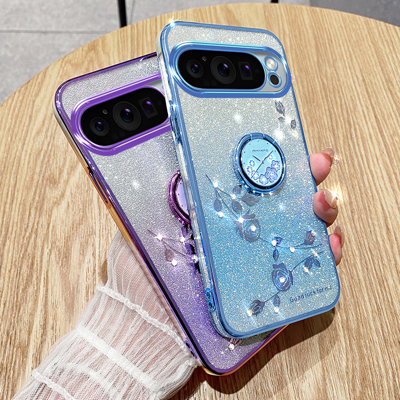 KADEM For Google Pixel 9 Case Ring Kickstand Rhinestone Flower TPU Anti-scratch Phone Cover