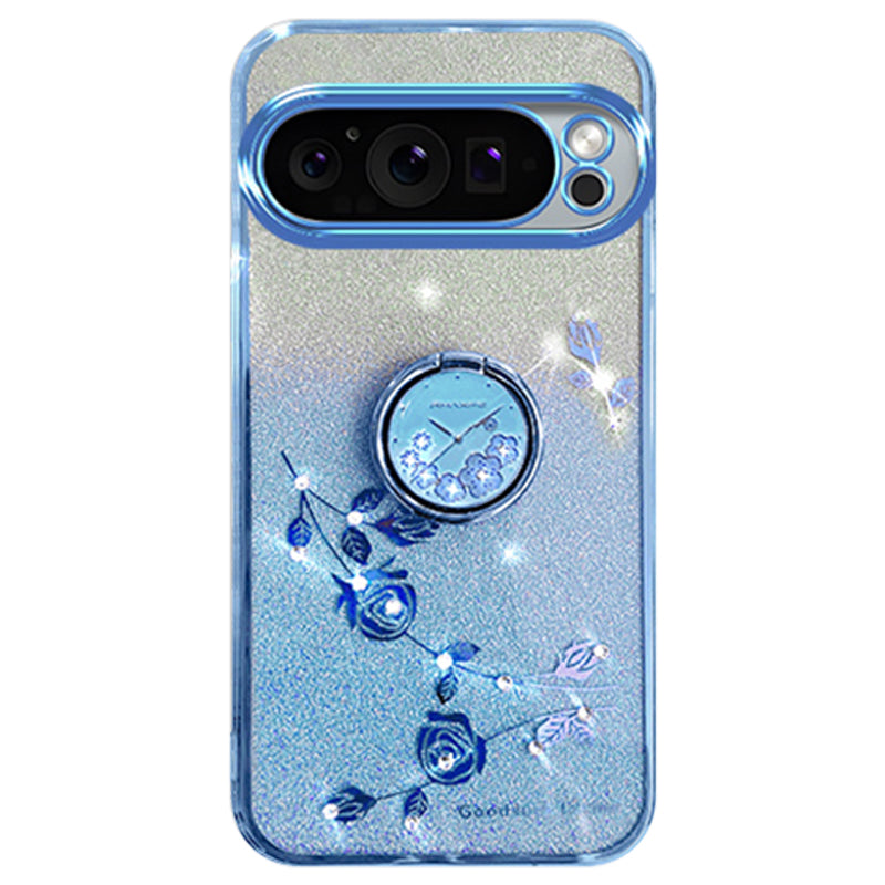 KADEM For Google Pixel 9 Case Ring Kickstand Rhinestone Flower TPU Anti-scratch Phone Cover