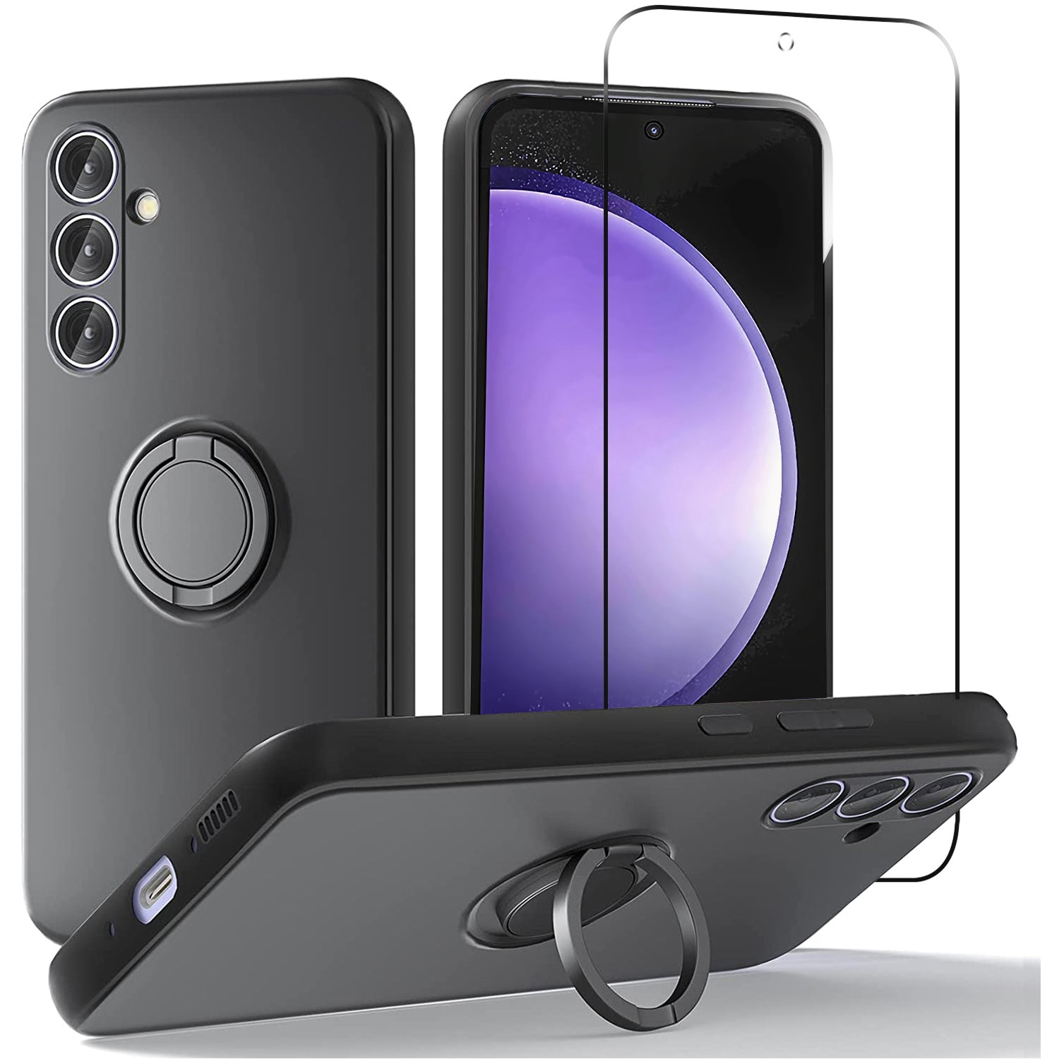 For Samsung Galaxy S23 FE Kickstand Case Liquid Silicone Phone Cover with 2.5D Arc Edge Tempered Glass Film
