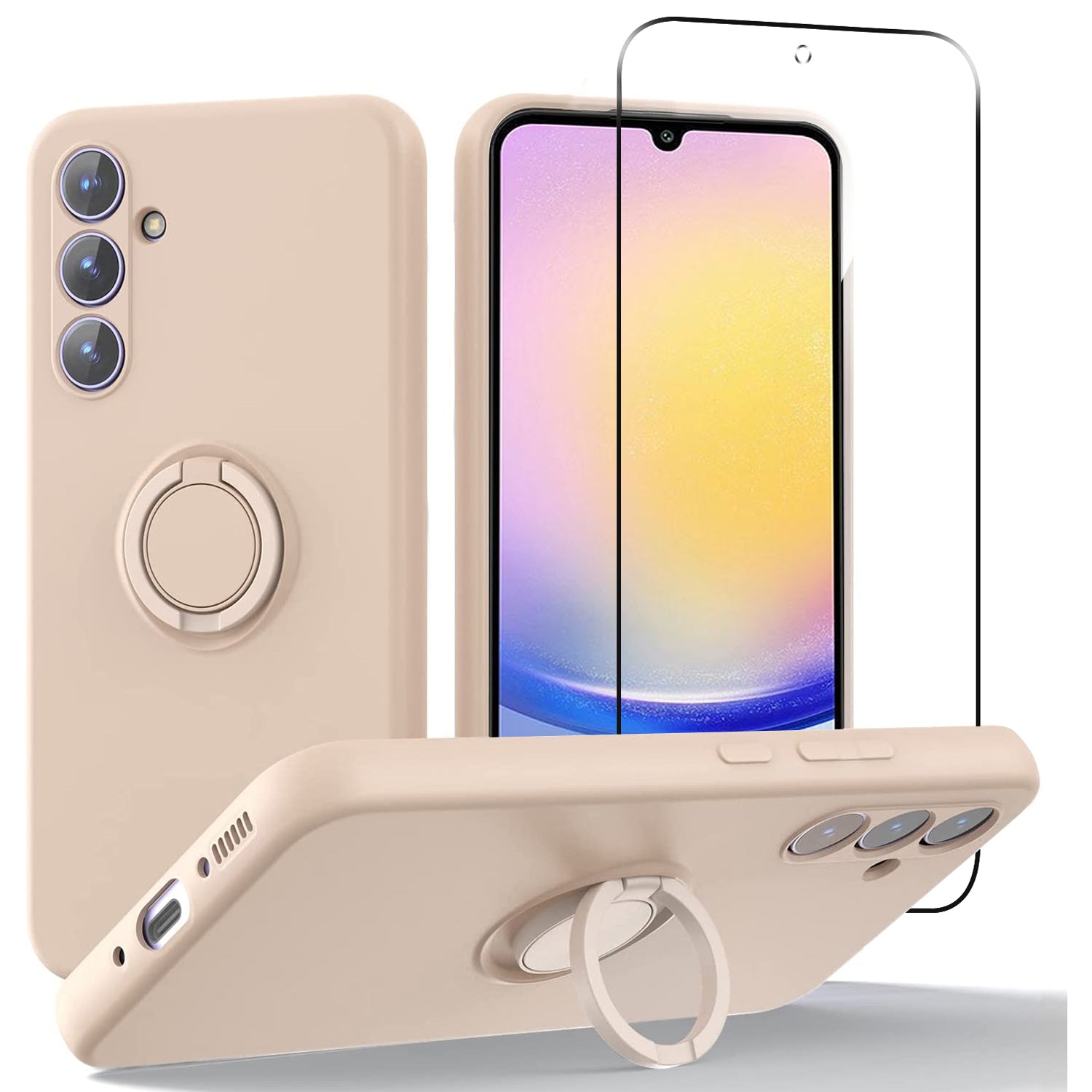 For Samsung Galaxy A25 5G (Global) (161.0 x 76.5 x 8.3mm) Liquid Silicone Kickstand Case + 2.5D Arc Edge Tempered Glass Film