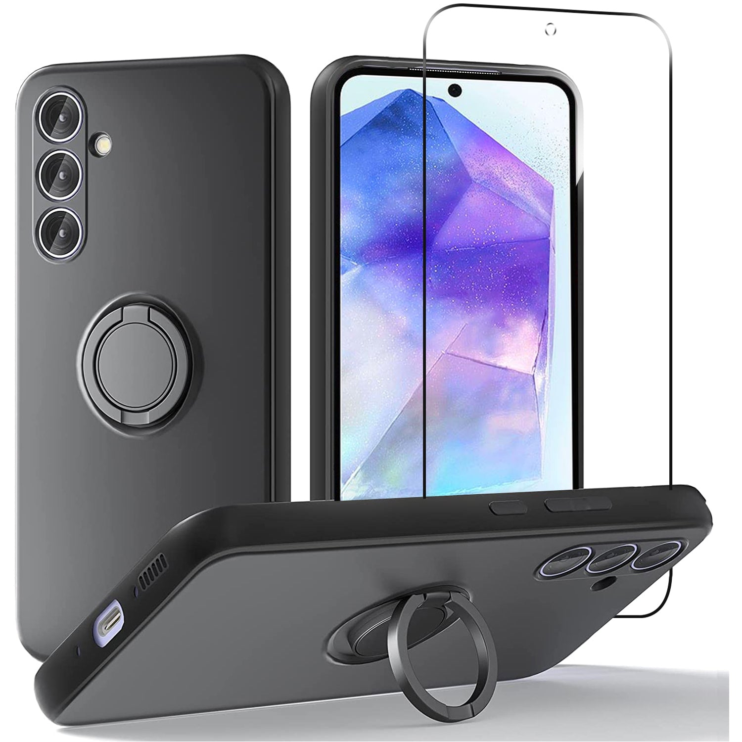 For Samsung Galaxy A55 5G Case Kickstand Liquid Silicone Cover with 2.5D Arc Edge Tempered Glass Film