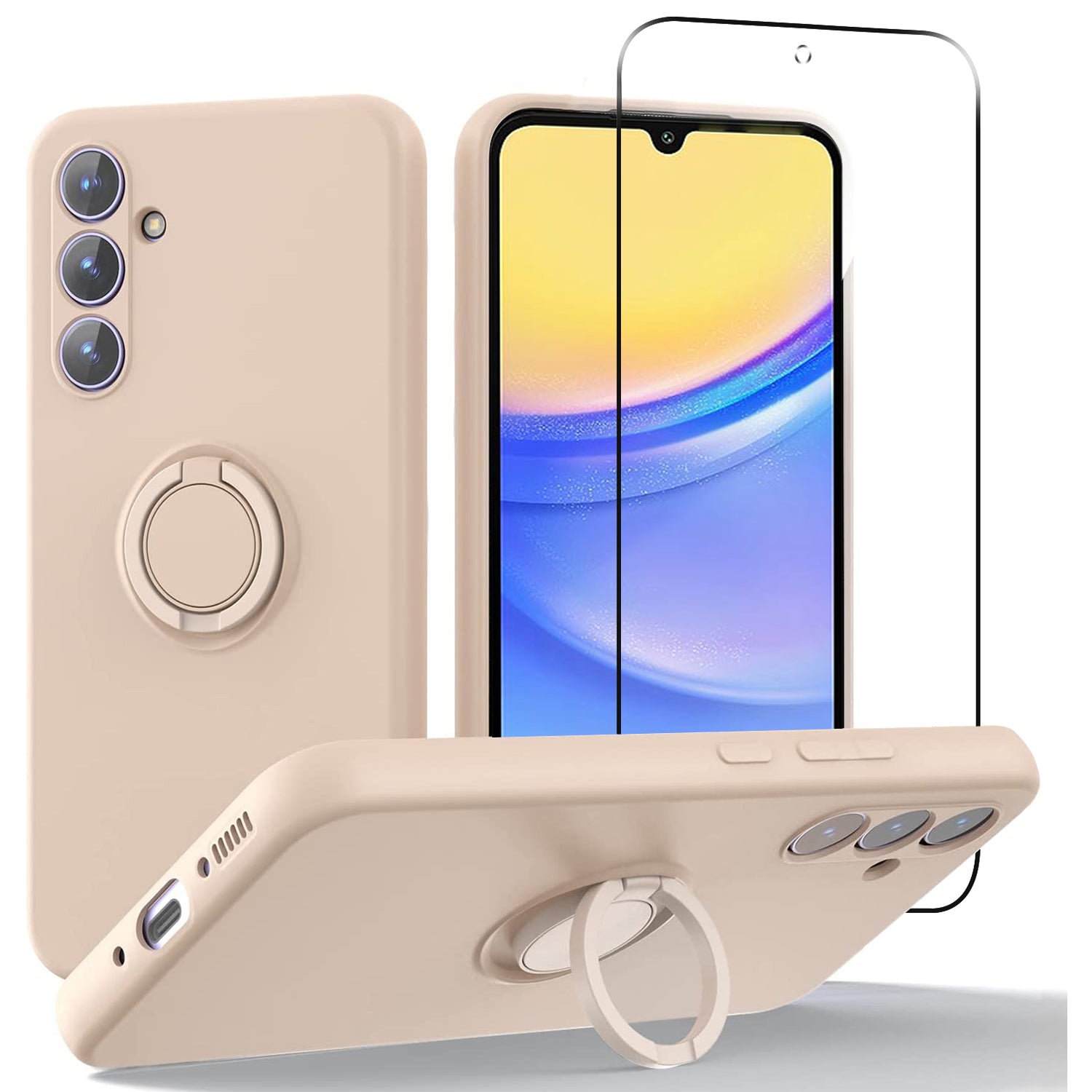 For Samsung Galaxy A15 4G / A15 5G Liquid Silicone Case Kickstand Cover with 2.5D Arc Edge Tempered Glass Film