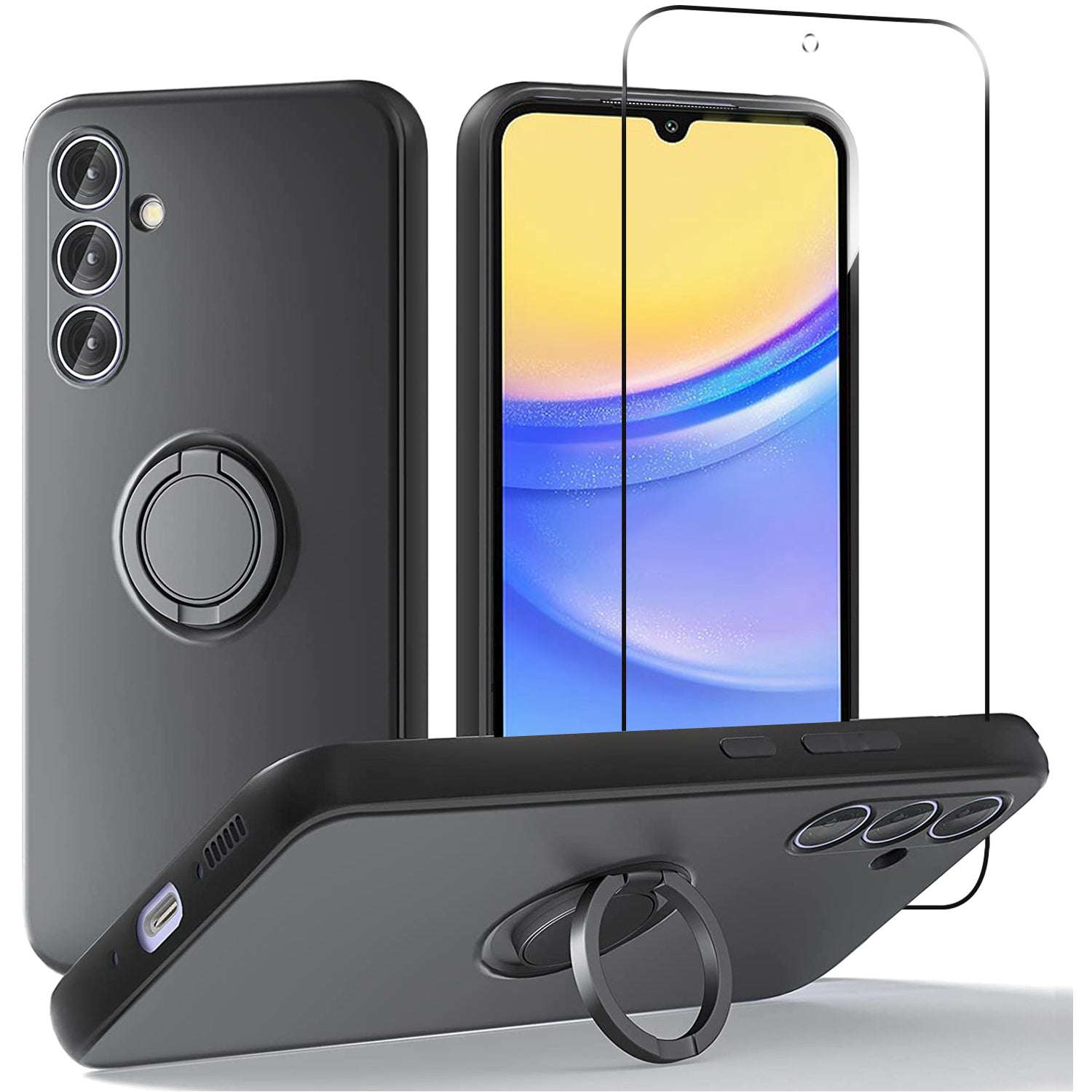 For Samsung Galaxy A15 4G / A15 5G Liquid Silicone Case Kickstand Cover with 2.5D Arc Edge Tempered Glass Film