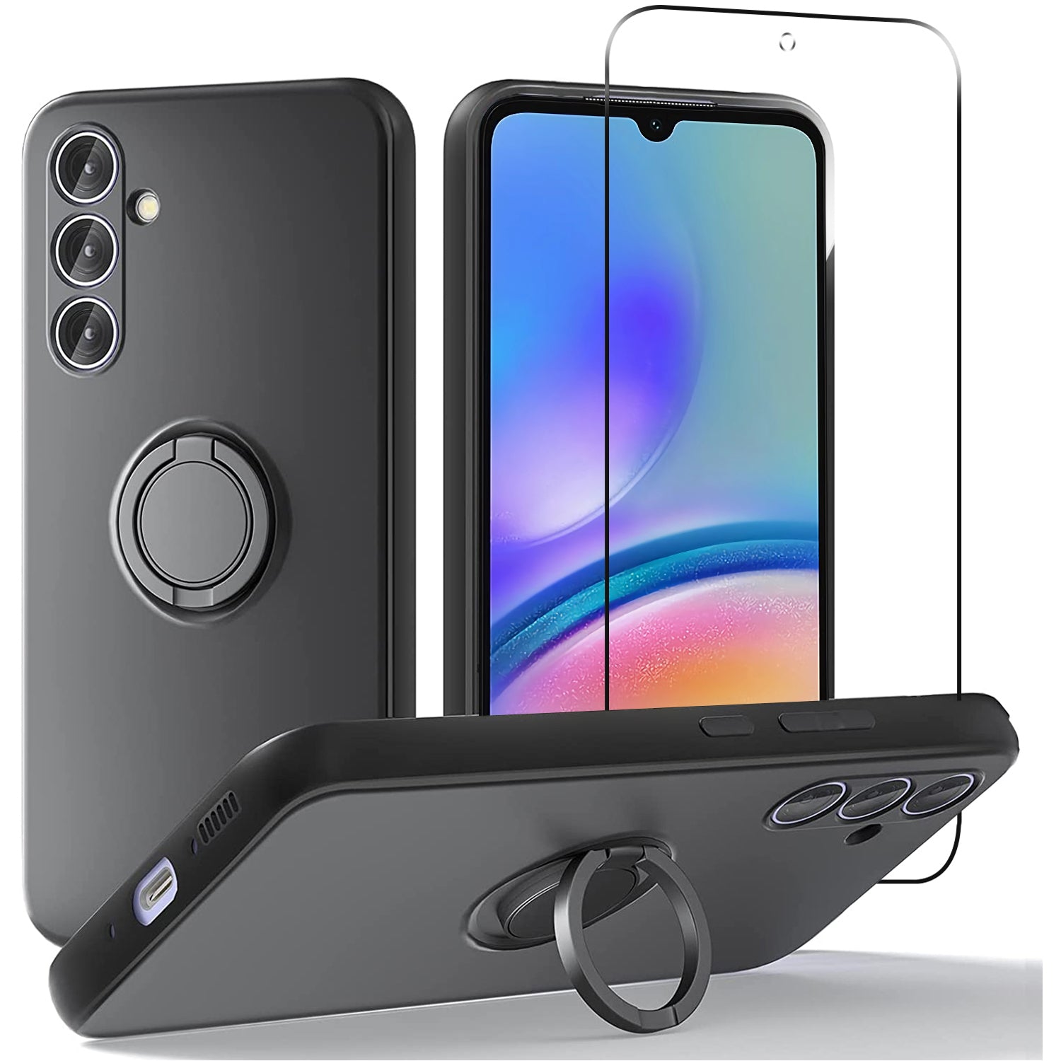 For Samsung Galaxy A05s 4G Kickstand Case Liquid Silicone Cover + 2.5D Arc Edge Tempered Glass Film