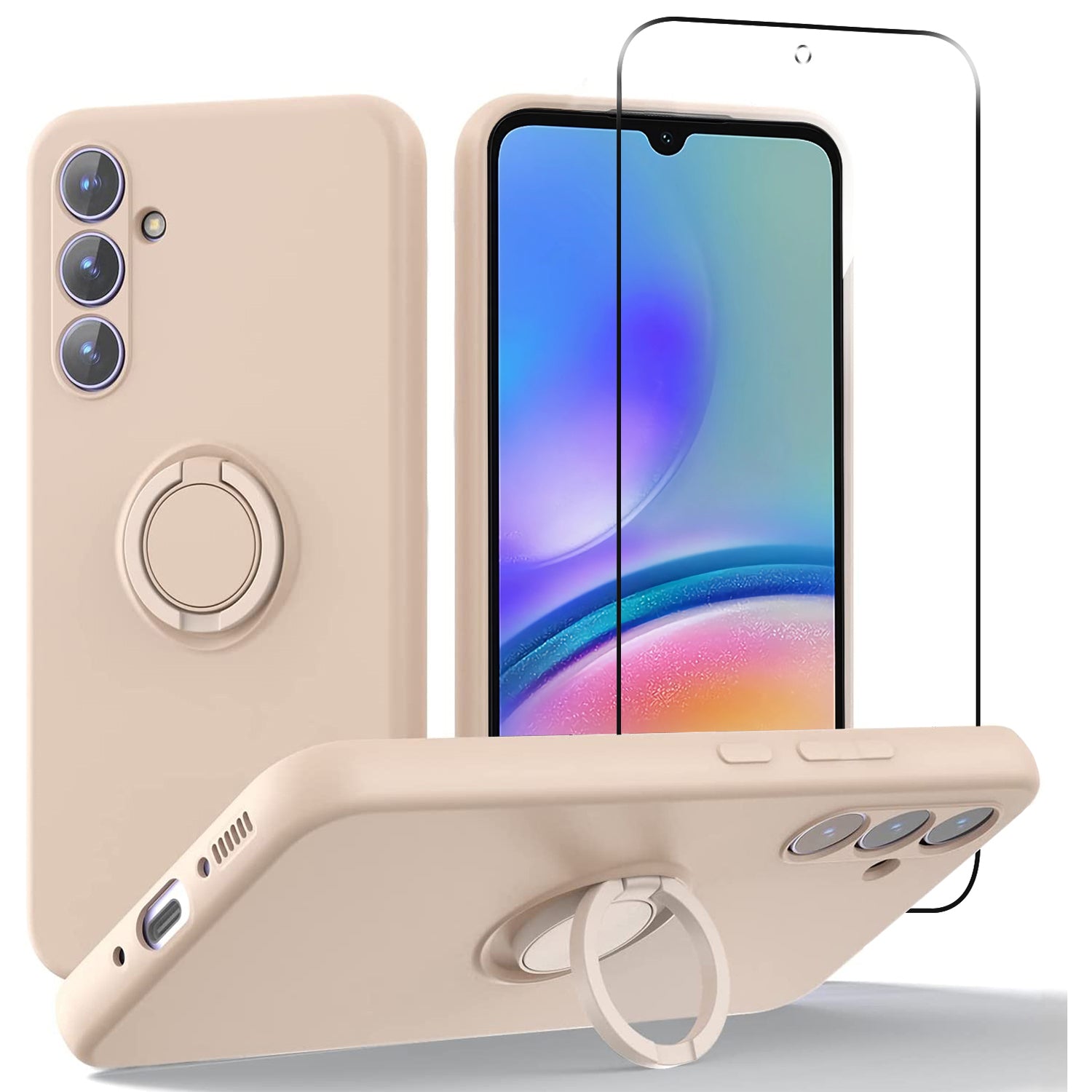 For Samsung Galaxy A05s 4G Kickstand Case Liquid Silicone Cover + 2.5D Arc Edge Tempered Glass Film