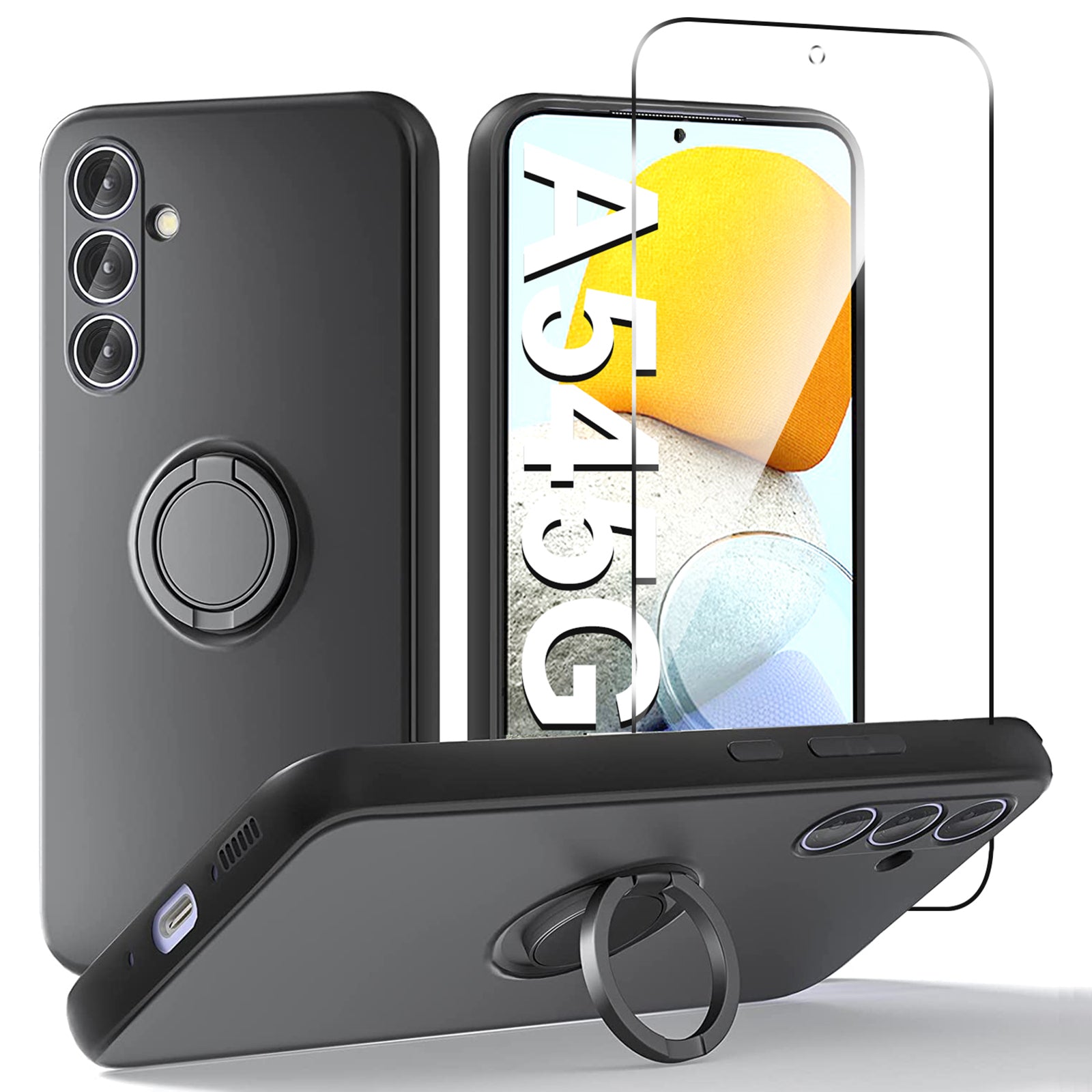 For Samsung Galaxy A25 5G (Global) (161.0 x 76.5 x 8.3mm) Case Liquid Silicone Kickstand Cover + 2.5D Arc Edge Tempered Glass Film