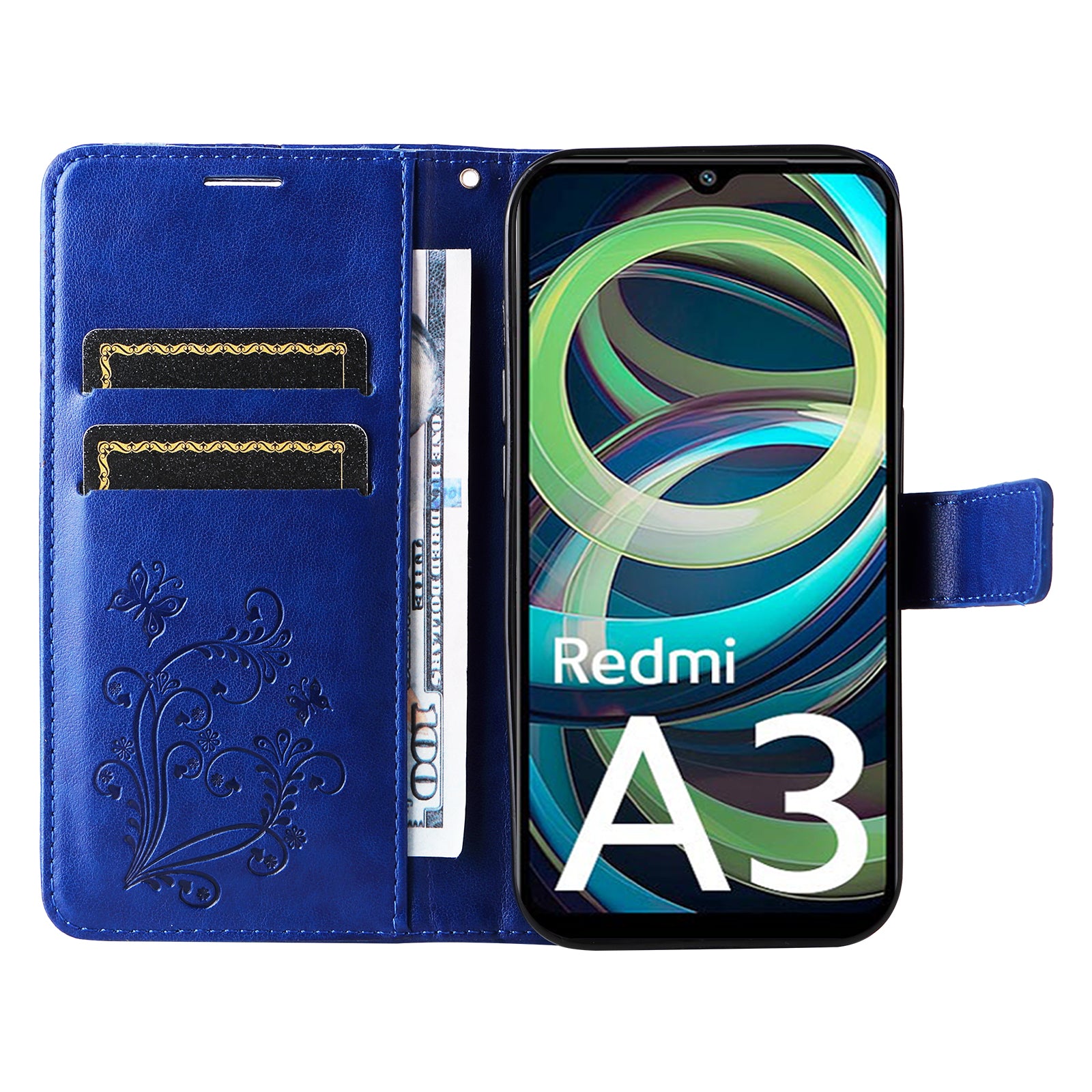 KT Imprinting Flower Series-2 For Xiaomi Redmi A3 / Poco C61 4G Case Card Holder Wrist Strap Leather Phone Cover